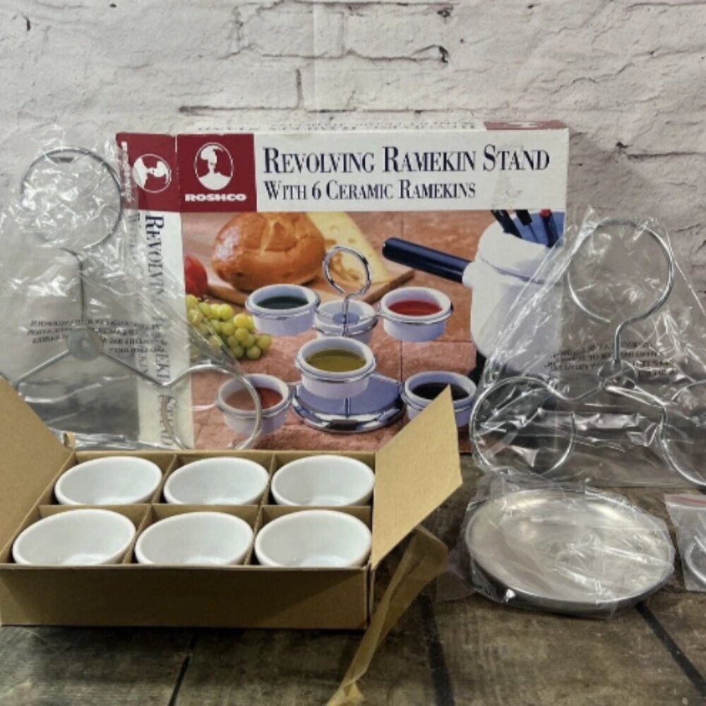 Roshco Ramekin Stand w 6 Ceramic Ramekins New